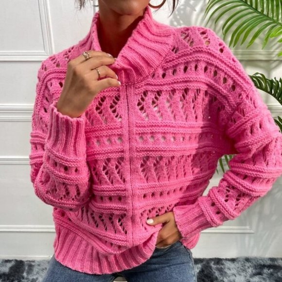 Open Knit High Neck Drop Shoulder Sweater - Picture 4 of 6